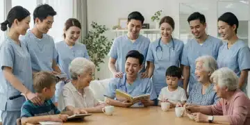 Diverse caregivers assisting family members in a supportive home environment