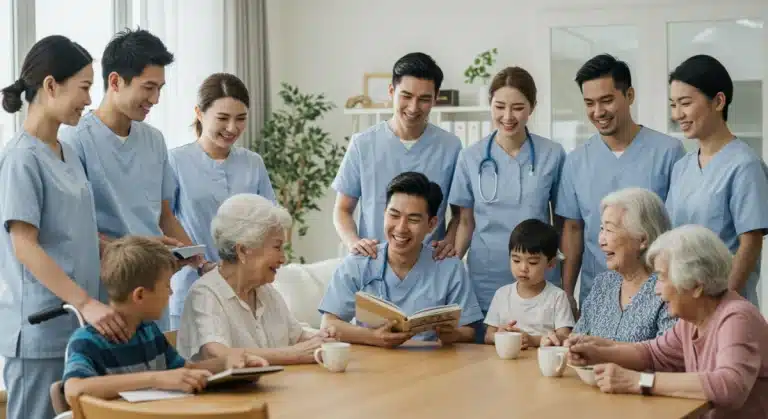 Diverse caregivers assisting family members in a supportive home environment