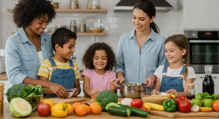 Family cooking healthy meal together, fresh ingredients