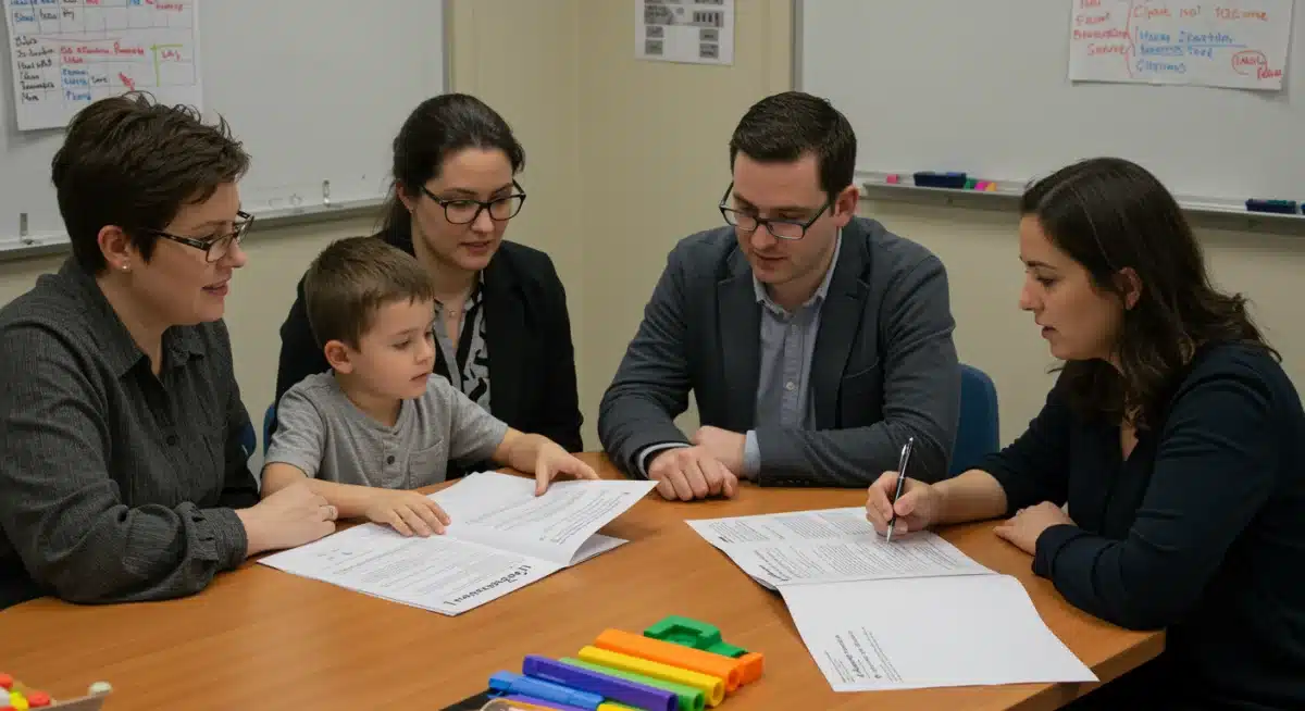 Family and educators collaboratively reviewing an Individualized Education Program (IEP) document.