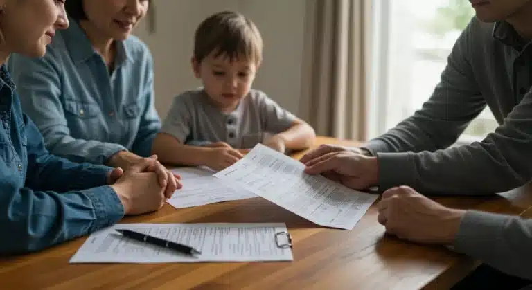 Family reviewing Medicaid waiver documents to reduce special needs care costs