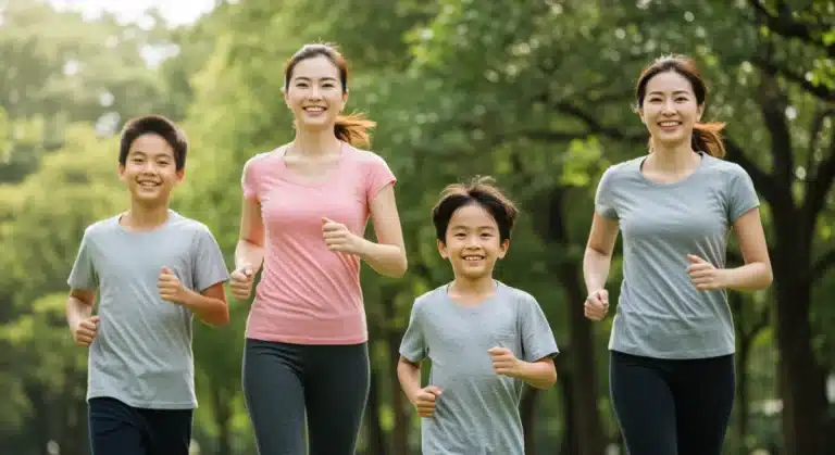 Diverse family exercising together outdoors, showcasing 2025 family fitness trends