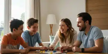 Happy family playing board game together, emphasizing positive family mental health and connection.
