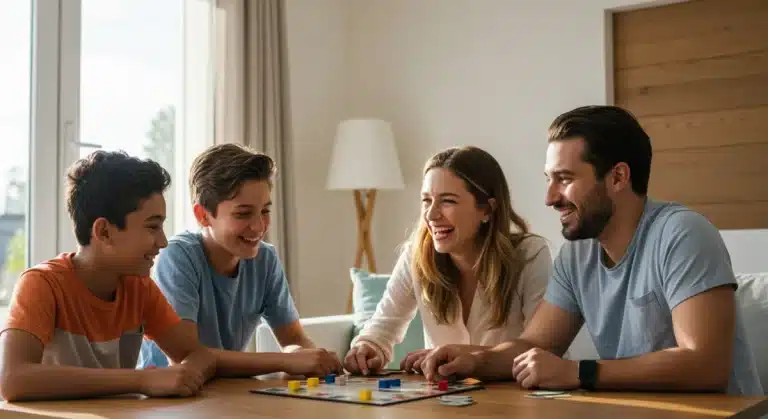 Happy family playing board game together, emphasizing positive family mental health and connection.