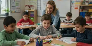 Diverse students in an inclusive classroom setting, learning with a supportive teacher.