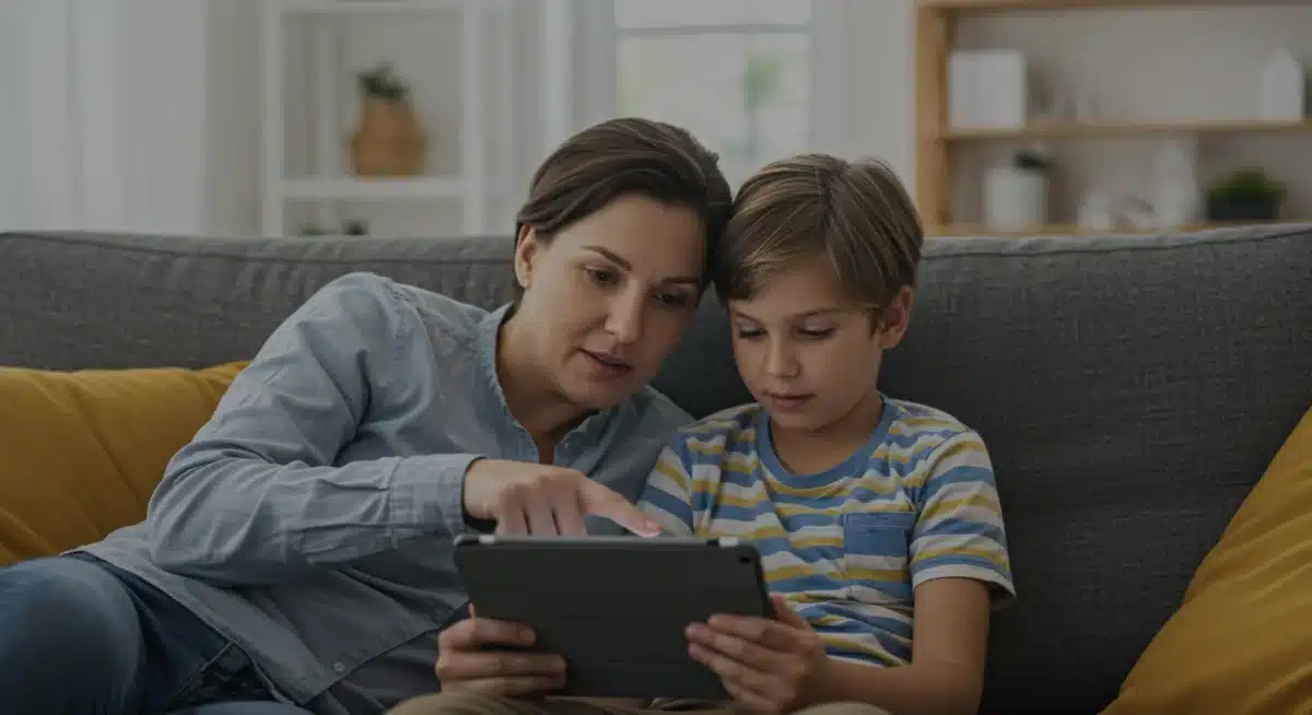 Parent and child mindfully engaging with a tablet, illustrating healthy digital boundaries for family well-being.