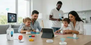 Modern family using smart childcare technology in a connected home setting.