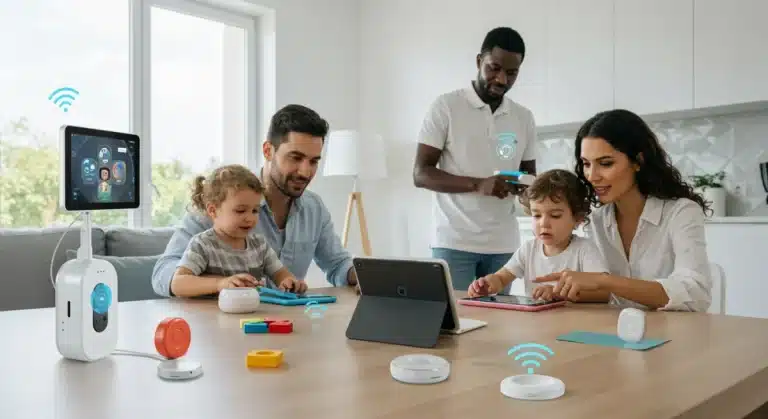 Modern family using smart childcare technology in a connected home setting.