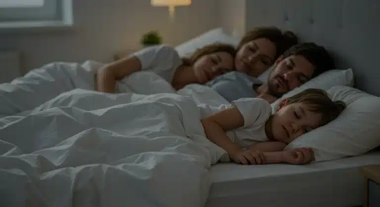 Peaceful family sleeping together in a cozy, warm bedroom setting