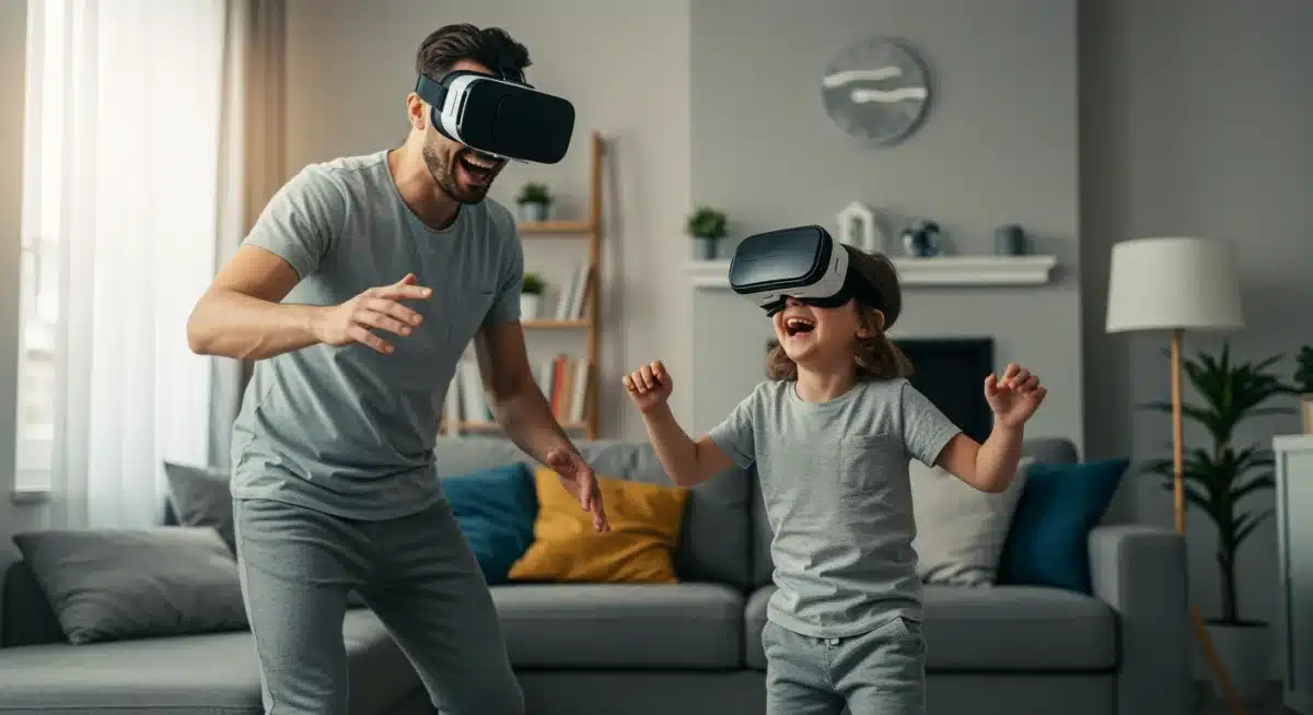 Parent and child engaging in virtual reality fitness game at home