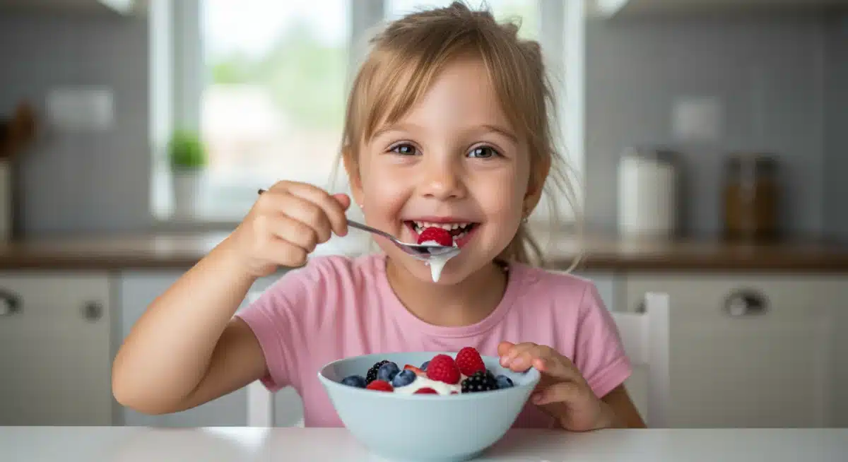 Child enjoying nutritious berries and yogurt for immunity