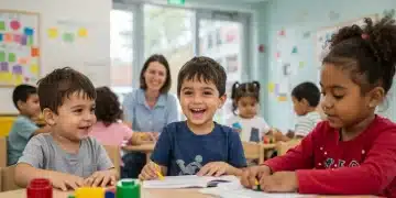 Children happily playing in a modern childcare center, supervised by a caring adult.