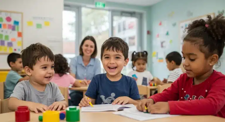 Children happily playing in a modern childcare center, supervised by a caring adult.