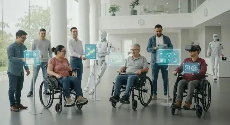 Individuals with special needs engaging with cutting-edge assistive technologies