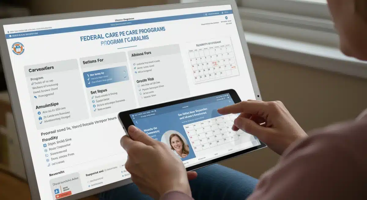 Caregiver using a digital portal to access federal respite care program information.