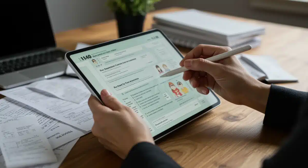 Parent digitally filing tax forms for childcare expenses on a tablet, organized desk