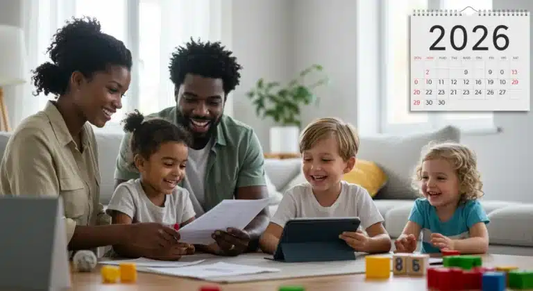 Family reviewing 2026 childcare tax documents, children playing, financial planning