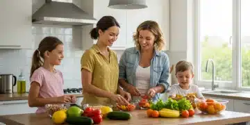 Happy family cooking healthy meal together, boosting immunity