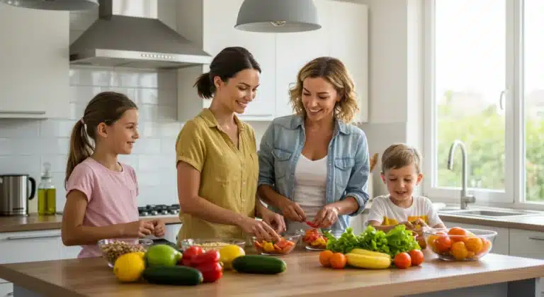 Happy family cooking healthy meal together, boosting immunity