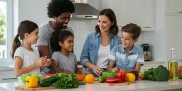 Addressing Childhood Obesity 2026: A Family-Centered Approach Family cooking healthy meal together in kitchen
