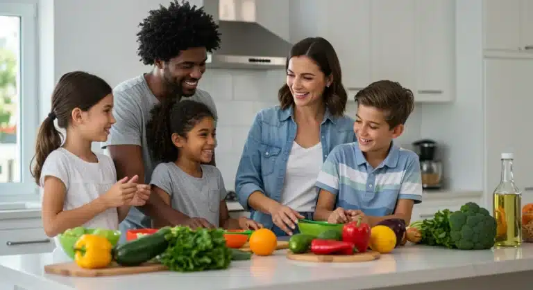 Family cooking healthy meal together in kitchen