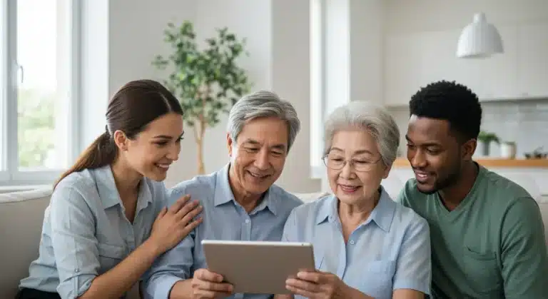 Family reviewing financial documents and discussing caregiver tax credits