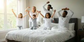 Happy family waking up refreshed in a bright, modern bedroom, demonstrating good sleep hygiene.