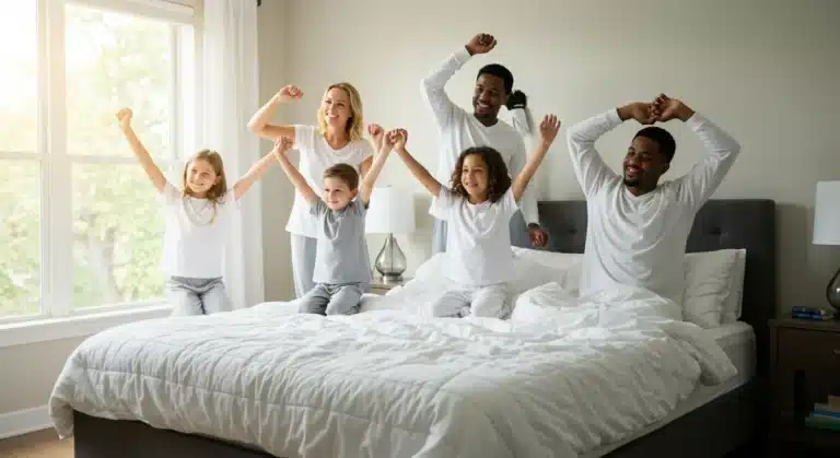 Happy family waking up refreshed in a bright, modern bedroom, demonstrating good sleep hygiene.