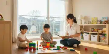In-Home Childcare Demand Soars 15% in Early 2026 US Caregiver playing with children in a modern, sunlit living room, symbolizing increased in-home childcare demand.