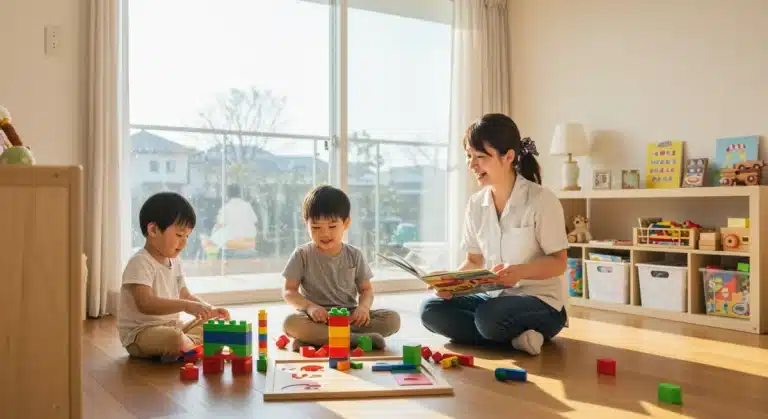 Caregiver playing with children in a modern, sunlit living room, symbolizing increased in-home childcare demand.