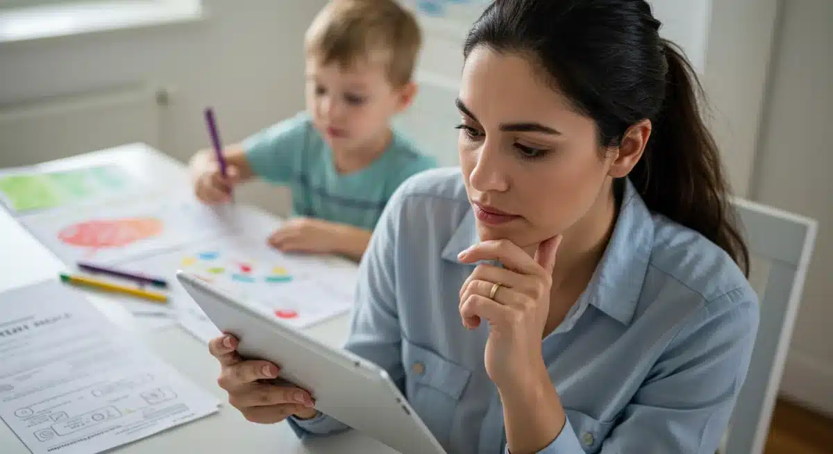 Parent reviewing tax documents on a tablet for childcare expenses.