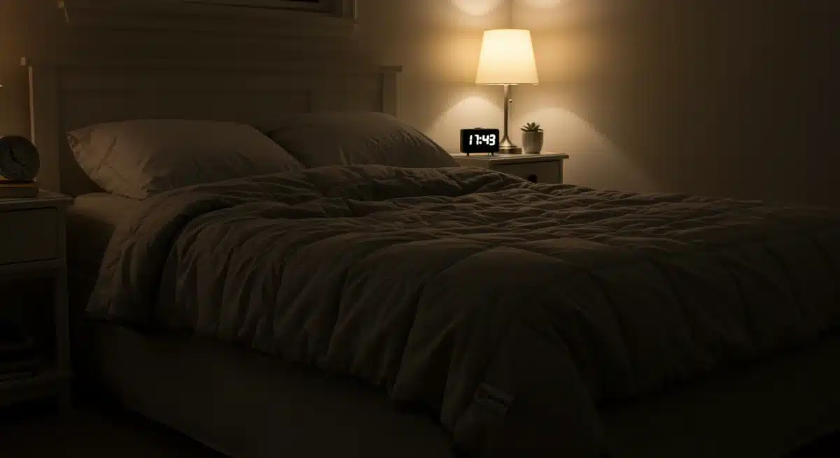 Serene bedroom at night with warm lighting, promoting restful sleep.