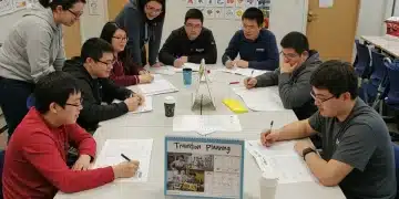 Diverse young adults and caregivers planning a special needs transition.