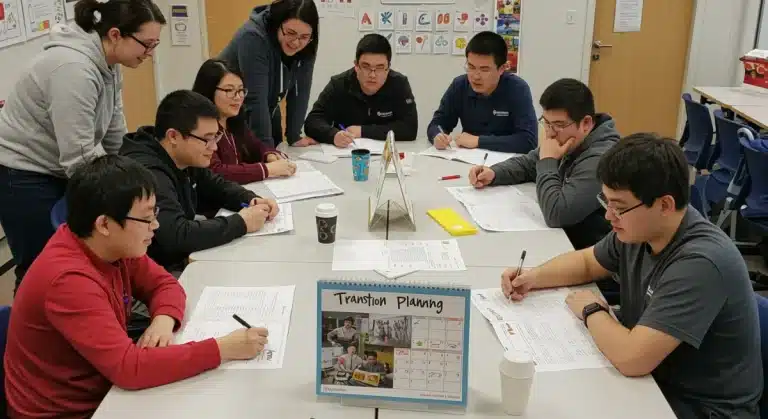Diverse young adults and caregivers planning a special needs transition.