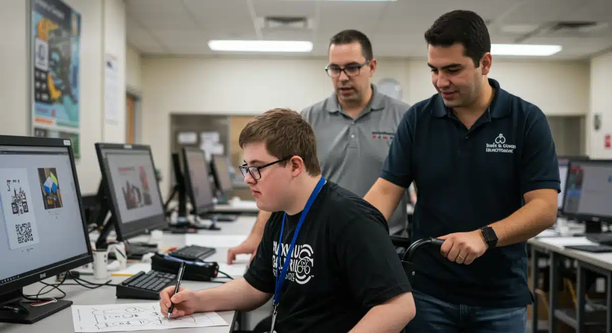 Young adult with special needs learning vocational skills.