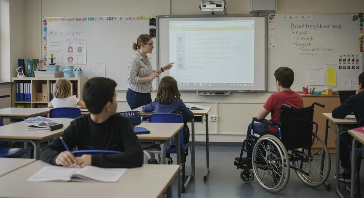 Teacher and student interacting with an adaptive smartboard in an inclusive classroom.