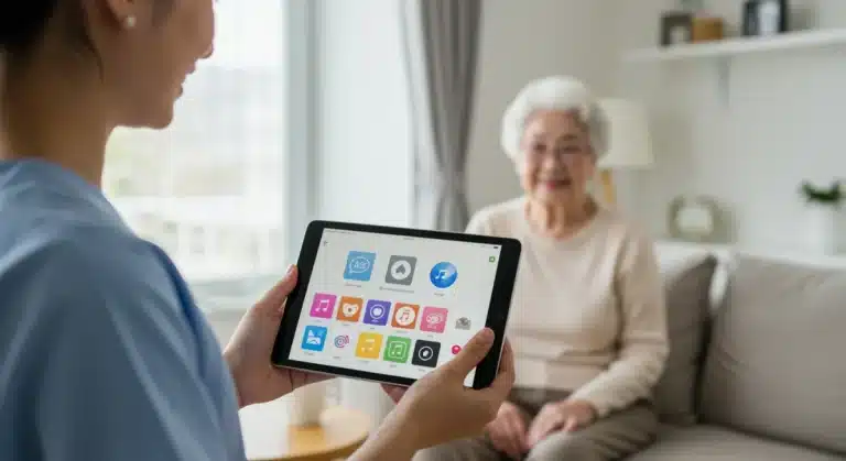 Caregiver using a tablet with digital care management apps in a modern home setting