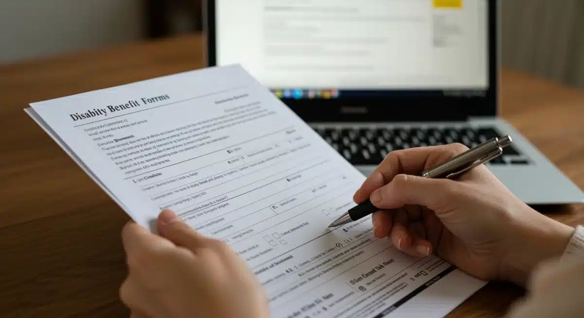 Caregiver filling out disability benefit application forms