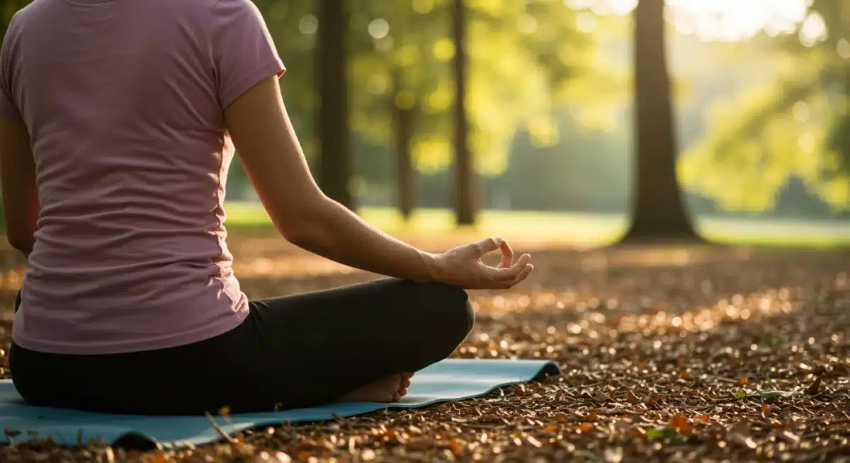 Person meditating peacefully in nature, representing enhanced caregiver mental well-being.