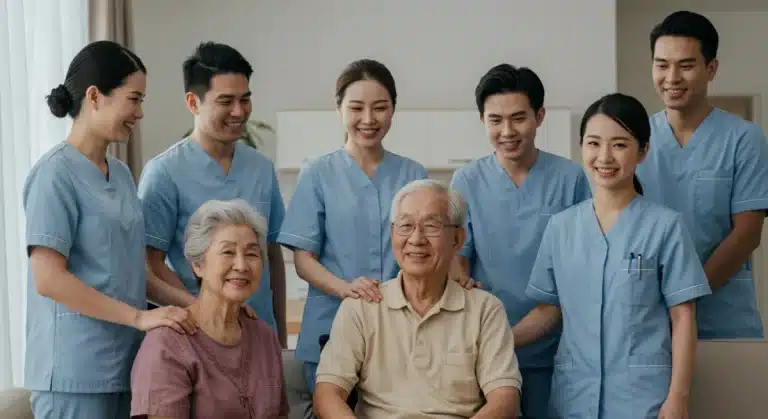 Diverse caregivers supporting elderly adult in a modern home, symbolizing legal protections.
