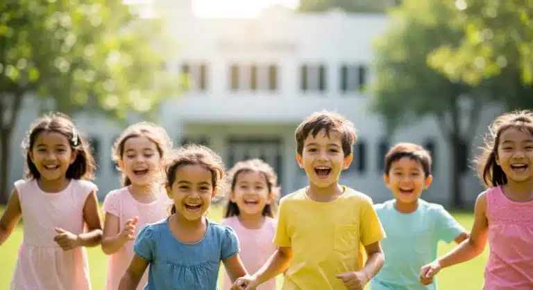 Happy children playing outdoors, symbolizing health and community, with a subtle nod to pediatric care.