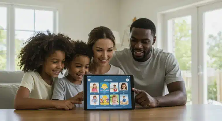 Family using childcare management app on tablet 2026