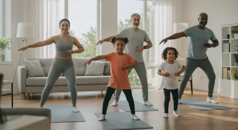 Family engaging in a 15-minute daily exercise routine in 2026