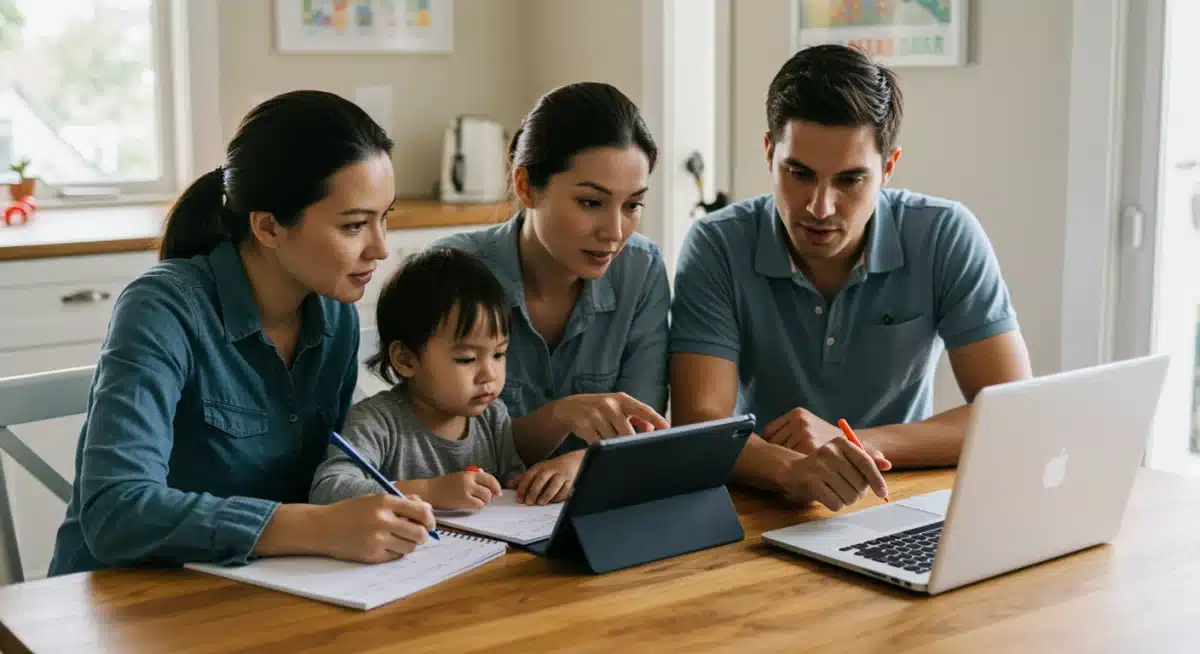 Family researching childcare options online