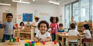 Children playing happily in a modern, well-equipped childcare center with diverse caregivers.