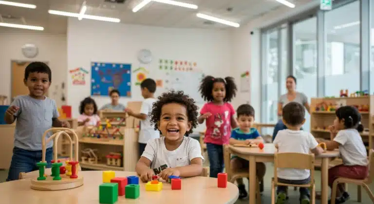 Children playing happily in a modern, well-equipped childcare center with diverse caregivers.