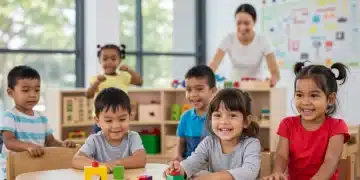 Children playing happily in a modern daycare center with a supervising caregiver.