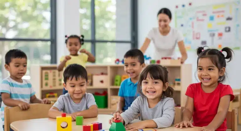 Children playing happily in a modern daycare center with a supervising caregiver.