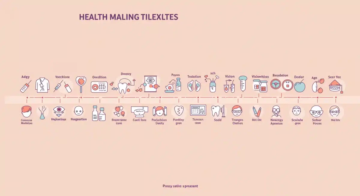 Health screening timeline for all ages, preventative care illustration