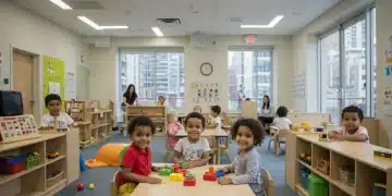 Children playing in modern US childcare facility